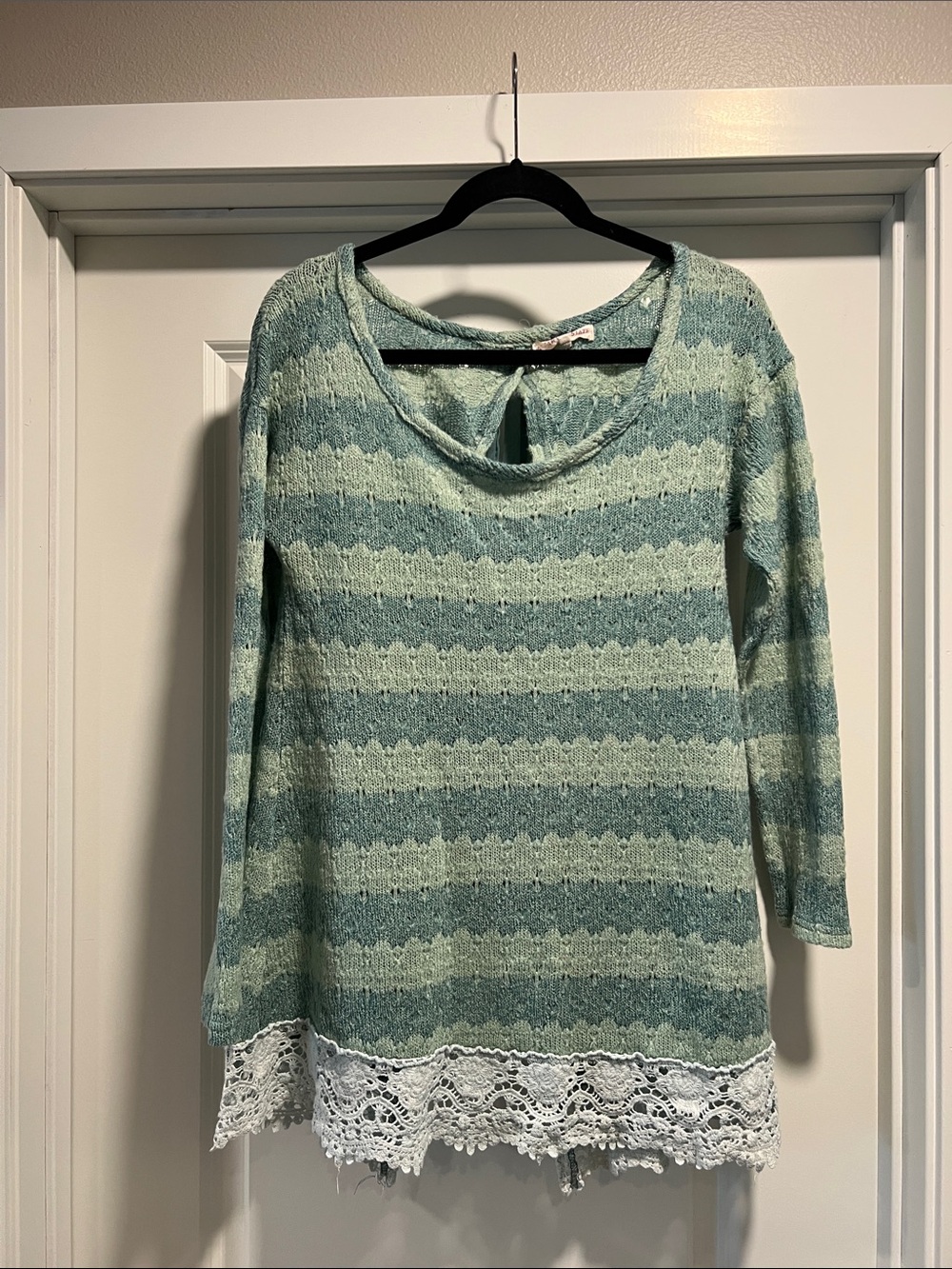 Altar'd State Mint and Seafoam Striped Knit Tunic with Lace Trim